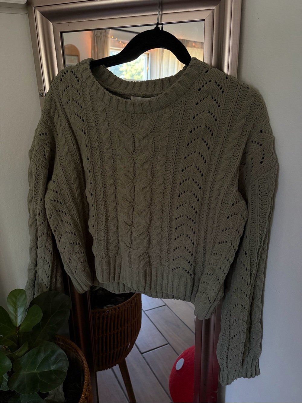 NWT Pink Rose Sage Green Cable Knit Sweater Size Large Open Knit